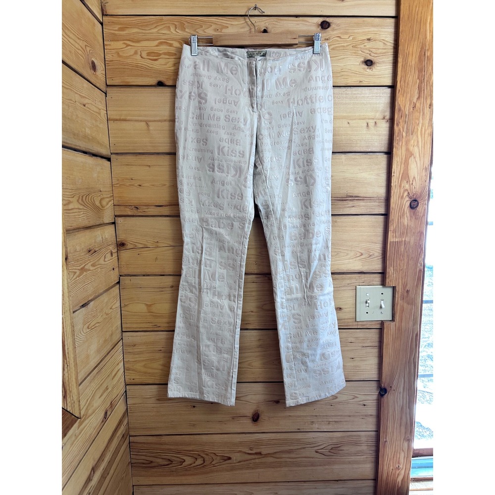Rare A Wear Vintage Beige Word Print Flare Pants Sexy Kiss Y2K Mens 10 Designer